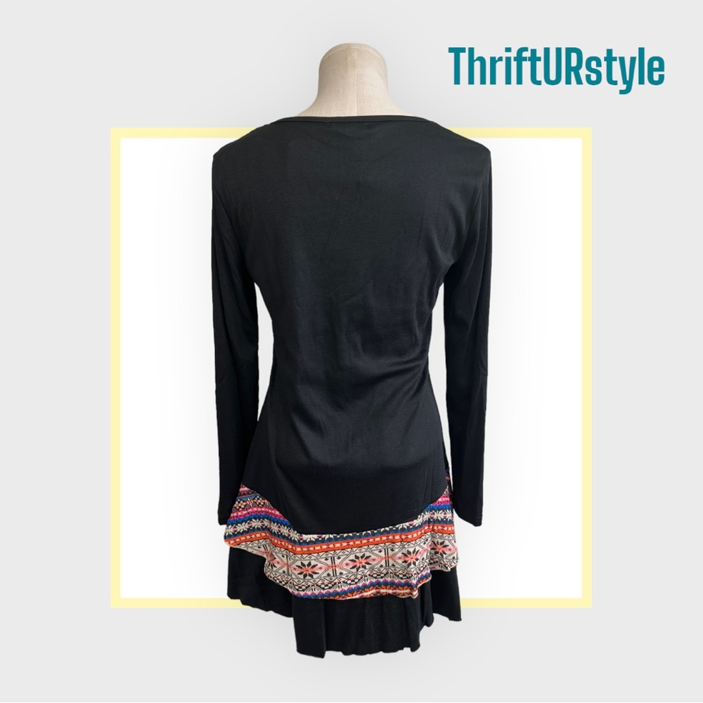Womens Black Southwestern Geometric‎ Trim Long Sleeve Tunic Ruffle Hem Top Dress - Picture 2 of 5